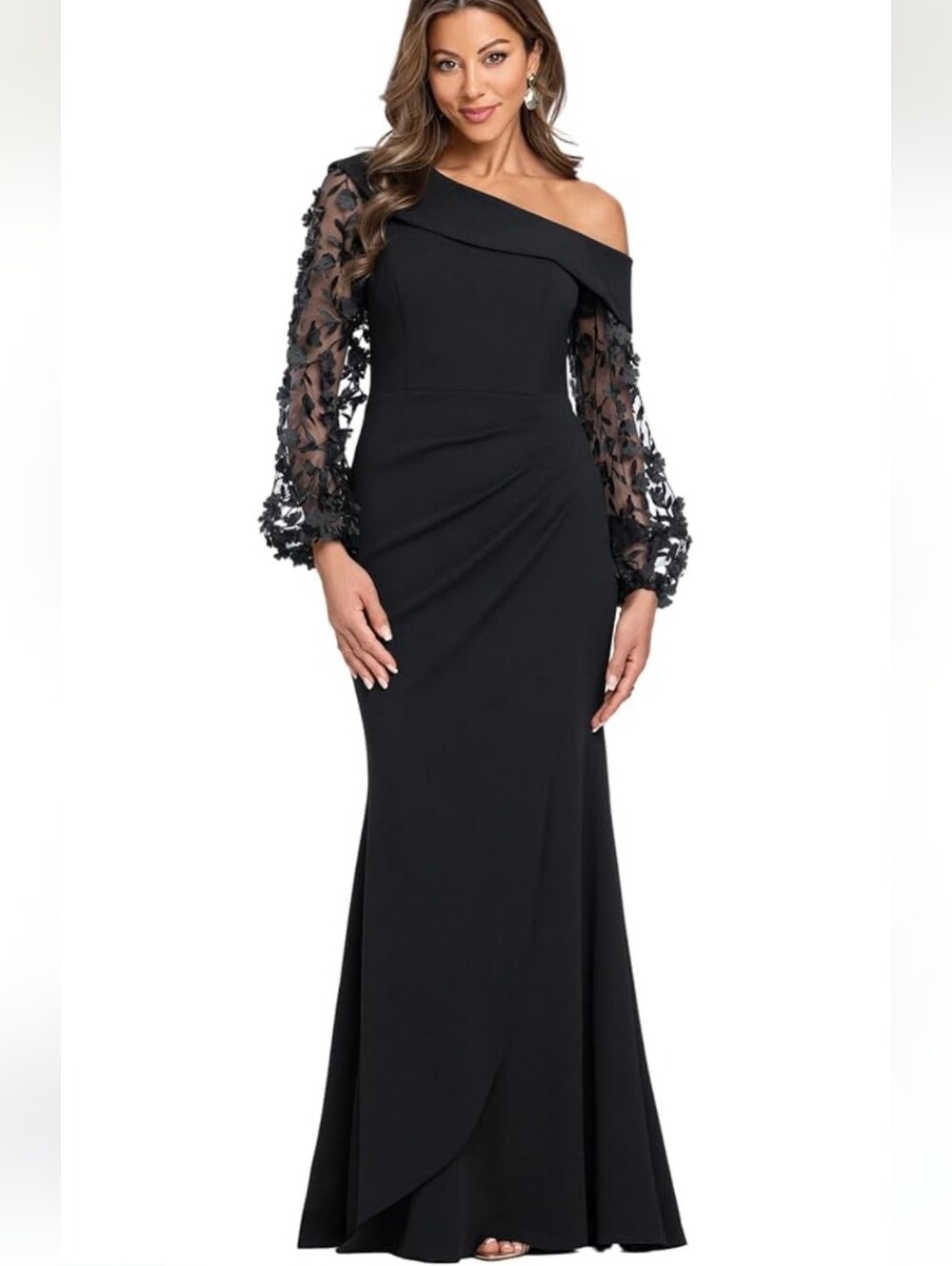 Xscape Black Off Shoulder Floral Appliqué Sleeve Formal Gown Size 12 NWT